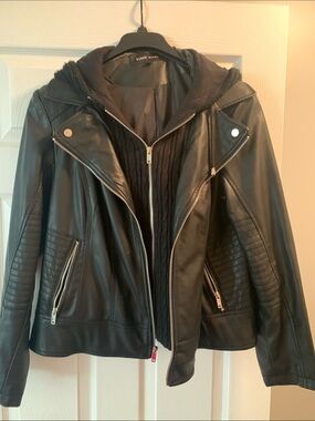 Black Rivet Black Faux Leather Hooded Biker Jacket with Quilted Sleeves